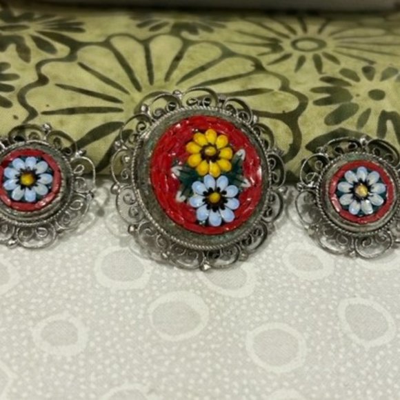 VTG Micro Mosaic Italy RED Glass Bead Flower EARRINGS BROOCH SET - Picture 7 of 8